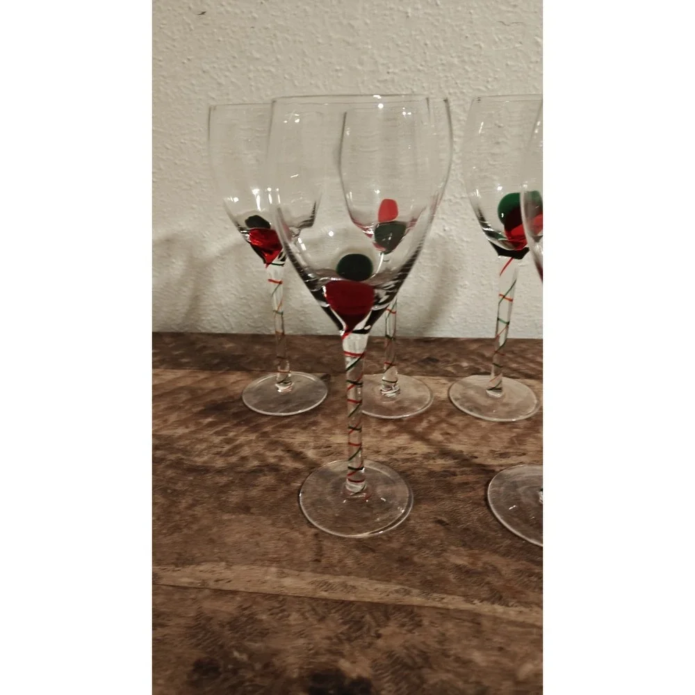 Pier 1‎ OPTIC RIBBON  Hand Blown Glass Wine Goblets Set Of 6 Christmas Red Green